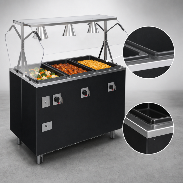 Product image #3 for Vollrath 2-Series Affordable Portable 3-Well Mobile Hot Food Station Deluxe with Sealed Wells, Breath Guard, and Enclosed Base