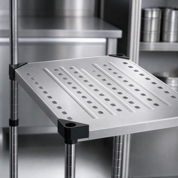 Product image #3 for Metro Super Erecta 42 x 21 Inch Louvered Embossed Type 304 Stainless Steel Shelf with Raised Ship's Edge