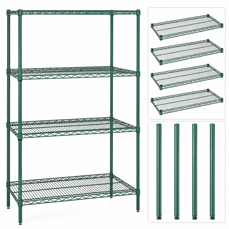 Product image #3 for Quantum Stationary Wire Shelving Starter Kit, 36"W x 12"D x 86"H, 4 Shelves, Green Epoxy Antimicrobial Finish