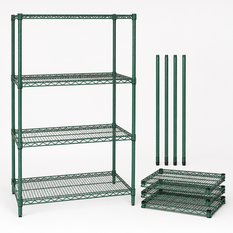 Product image #3 for Quantum 60 in. W x 12 in. D x 74 in. H 4-Shelf Stationary Wire Shelving Starter Kit, Green Epoxy, 600-800 lb. Capacity