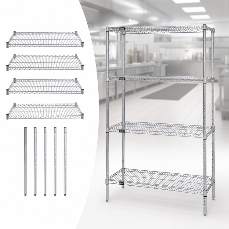 Product image #3 for Quantum Chrome-Plated Stationary Wire Shelving Starter Kit, 48-Inch Wide x 30-Inch Deep x 54-Inch High, 4-Shelf