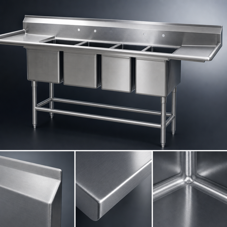Product image #3 for Eagle Spec-Master FN Series Coved Corner Four-Compartment Sink with Right-Hand 18-Inch Drainboard