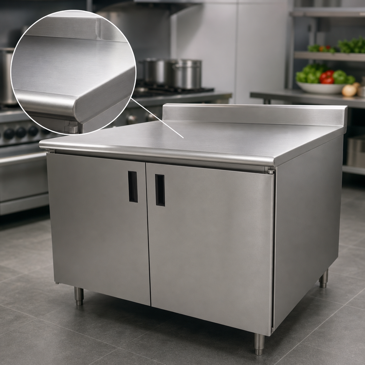 Product image #3 for Advance Tabco 60-Inch x 36-Inch Enclosed Stainless Steel Work Table with Cabinet Base, Mid-Shelf, Hinged Doors, and 5-Inch Backsplash
