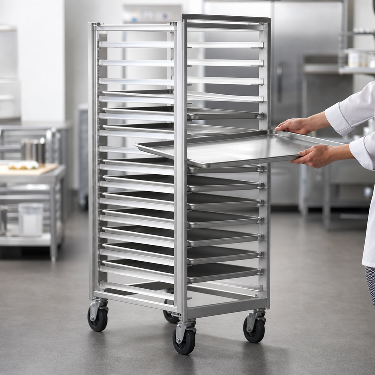 Product image #3 for Carter-Hoffmann O8609W Wide-Opening Side-Loading Fixed Angle Pan Rack for 18 x 26 Trays, 9-Tray Capacity, 5-Inch Casters