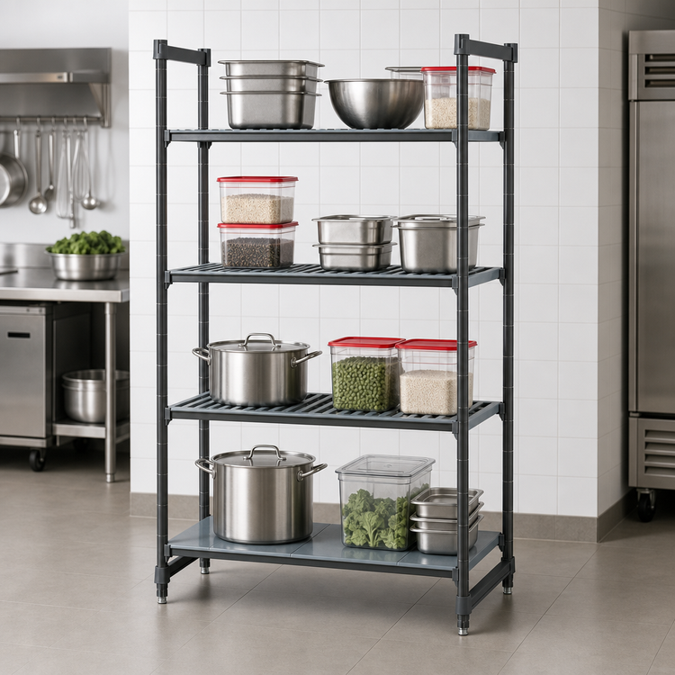 Product image #3 for Cambro Camshelving Basics Plus Stationary Polymer Shelving Starter Unit, 30" Wide x 21" Deep x 84" High, 4-Tier, 3 Vented + 1 Solid