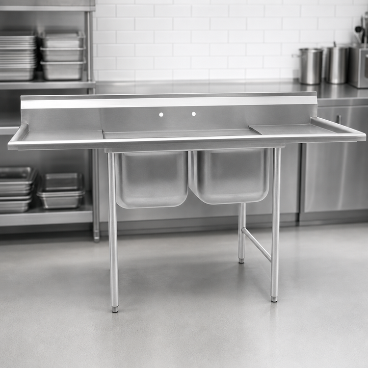 Product image #3 for Eagle Group 314 Series Two-Compartment Stainless Steel Sink with Left and Right Drainboards, Floor Model, 88-Inch