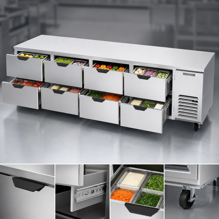 Product image #3 for Beverage Air 119-Inch Wide Stainless Steel Undercounter Refrigerator with 8 Drawers