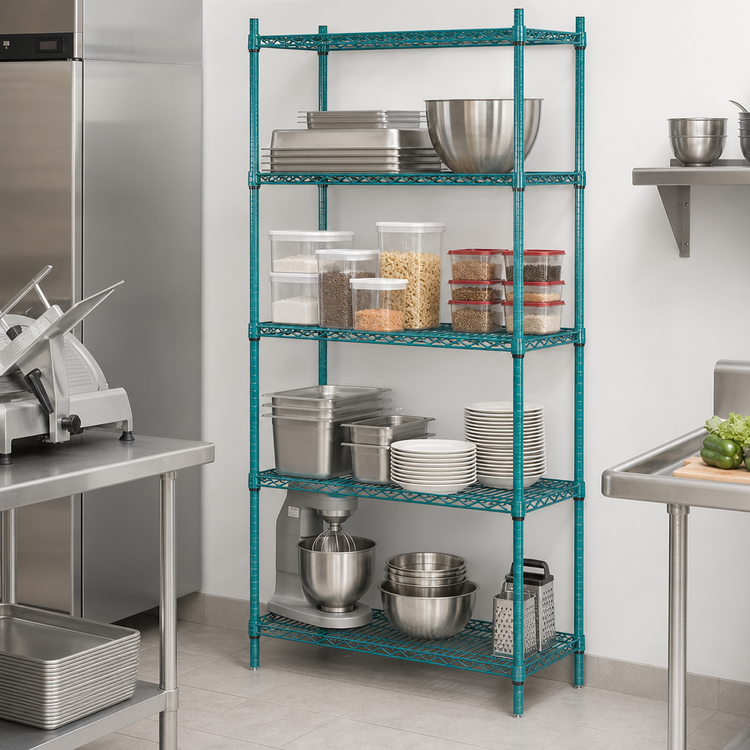 Product image #3 for Advance Tabco Special Value Series 4-Shelf Stationary Wire Shelving Unit, 60" W x 14" D x 74" H, Green Epoxy