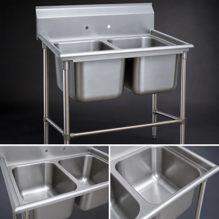 Product image #3 for Advance Tabco Regaline Freestanding 2-Compartment Sink with 24 x 24 x 14-Inch Bowls, 14-Gauge 304 Stainless Steel, 11-Inch Splash