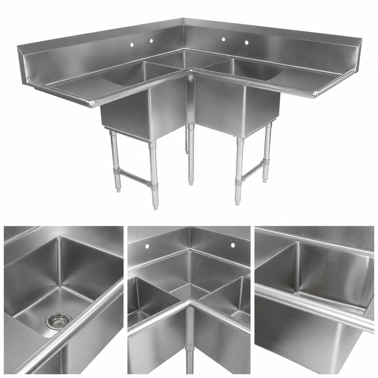 Product image #3 for John Boos Pro-Bowl 3-Compartment Corner Sink with Dual 30-Inch Drainboards, 16-Gauge 300 Series Stainless Steel