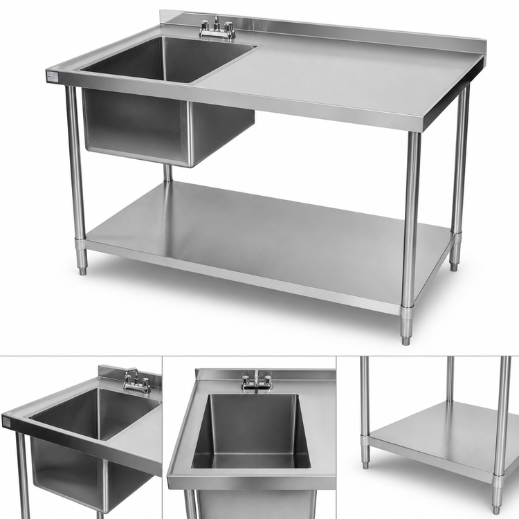 Product image #3 for Klinger's Trading 84 Inch x 30 Inch Stainless Steel Work Table with Left-Side Prep Sink, Marine Edge and Undershelf