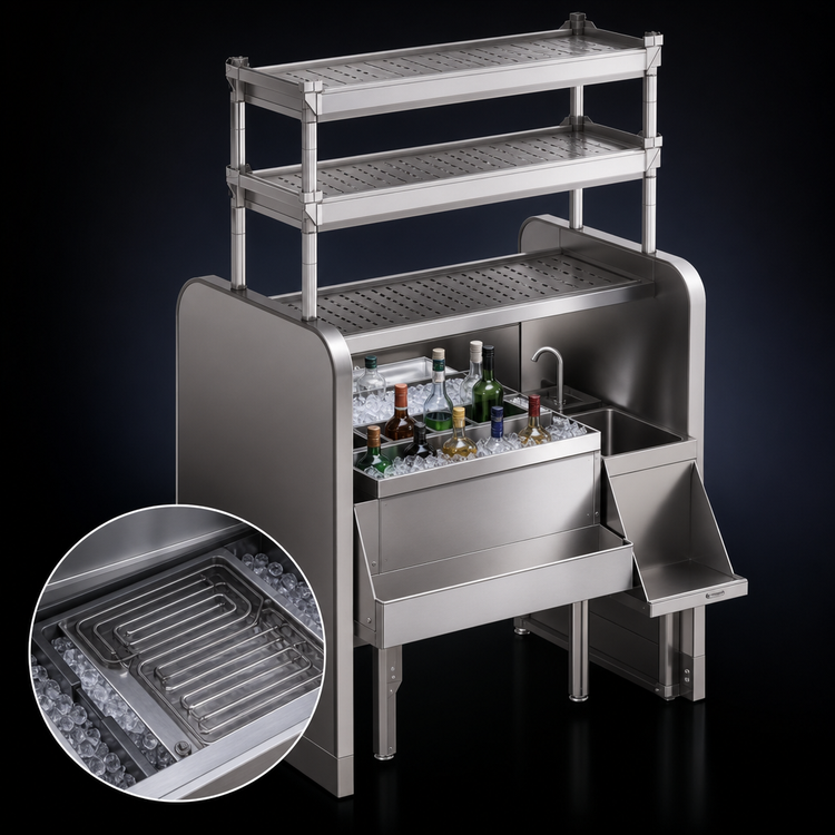 Product image #3 for Perlick Top Shelf PTS42R-LF 42-Inch Pass-Thru Underbar Ice Bin/Cocktail Station with Dual Sinks and Overshelves