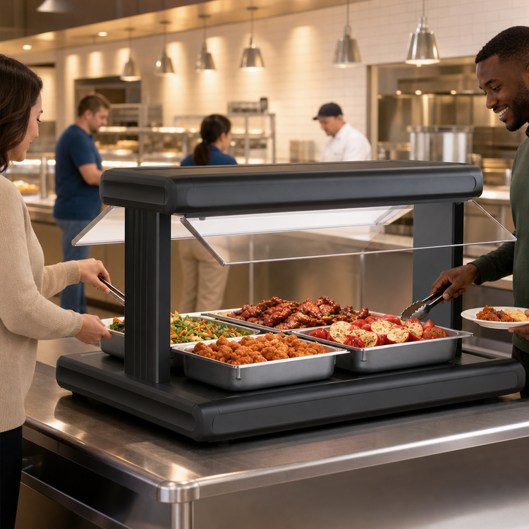 Product image #3 for Hatco Glo-Ray 72-Inch Pass-Thru Countertop Buffet Warmer with Heated Base, Double Acrylic Sneeze Guards, and 5-Pan Capacity