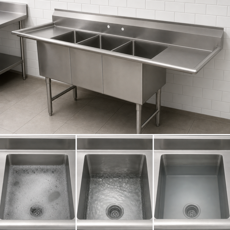 Product image #3 for Advance Tabco 3-Compartment Fabricated Sink with Left and Right Drainboards, 16 x 20 x 14-Inch Bowls, 304 Stainless Steel