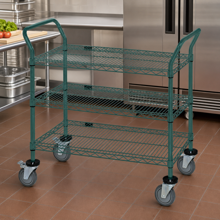 Product image #3 for Quantum WRC-2460P-3 3-Shelf Wire Utility Cart, 60 x 24 Inches, Green Epoxy Antimicrobial Finish