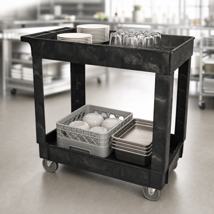 Product image #3 for Rubbermaid Commercial Products Black Polyethylene 2-Shelf Utility Bus Cart, 500 lb. Capacity