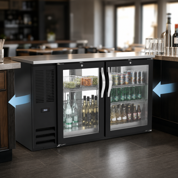Product image #3 for Beverage-Air 48-Inch Two-Section Open Food-Rated Pass-Thru Back Bar Refrigerator with 4 Glass Doors