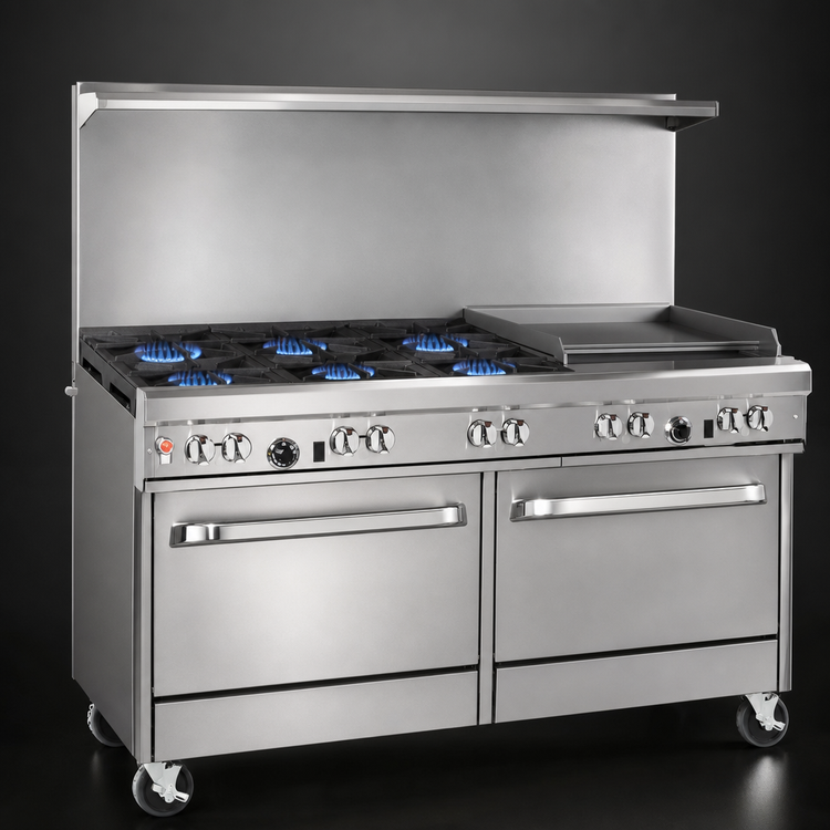 Product image #3 for Southbend Ultimate 60-Inch Gas Restaurant Range with 4 Open Burners, 36-Inch Griddle, Convection Oven, and Cabinet Base