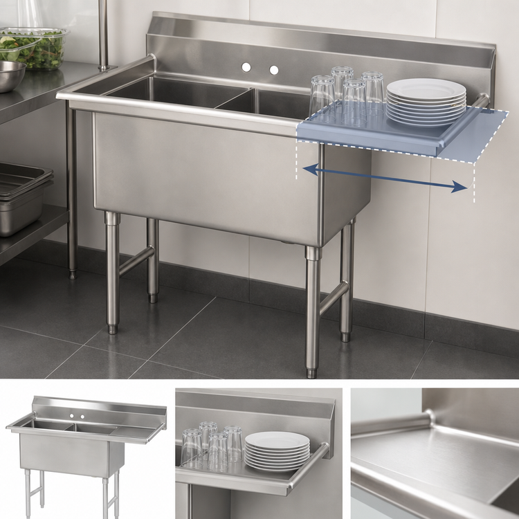 Product image #3 for Advance Tabco 2-Compartment Fabricated Sink with Right-Hand Drainboard, 16-Gauge 304 Stainless Steel, 16 x 20 x 14-Inch Bowls