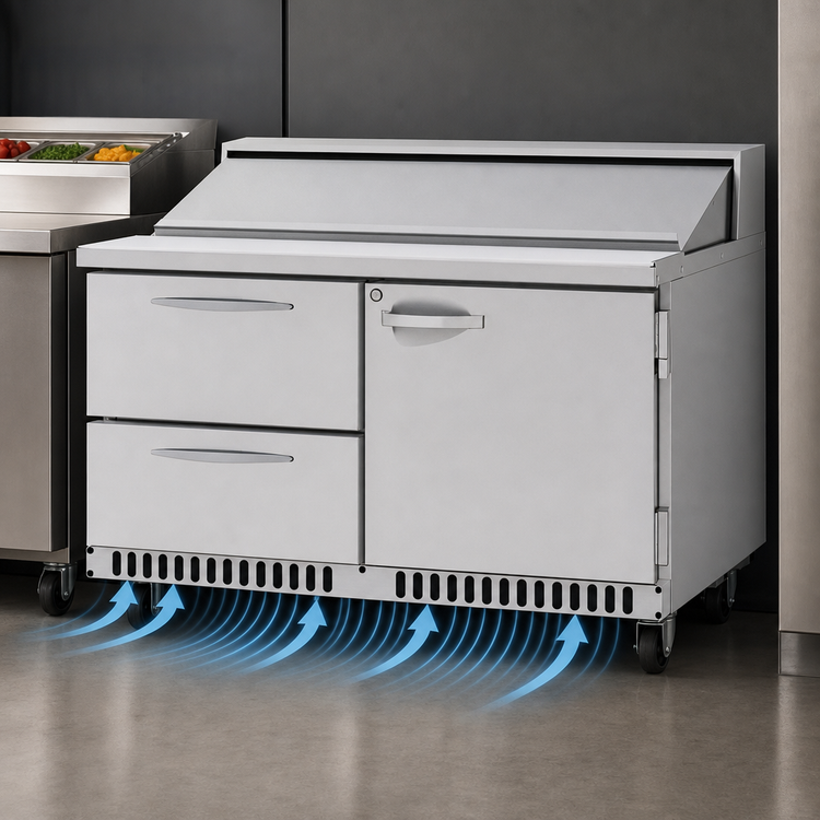 Product image #4 for Turbo Air PRO Series Front Breathing Two-Section Sandwich/Salad Prep Table with 16-Pan Opening, 1 Door and 2 Drawers