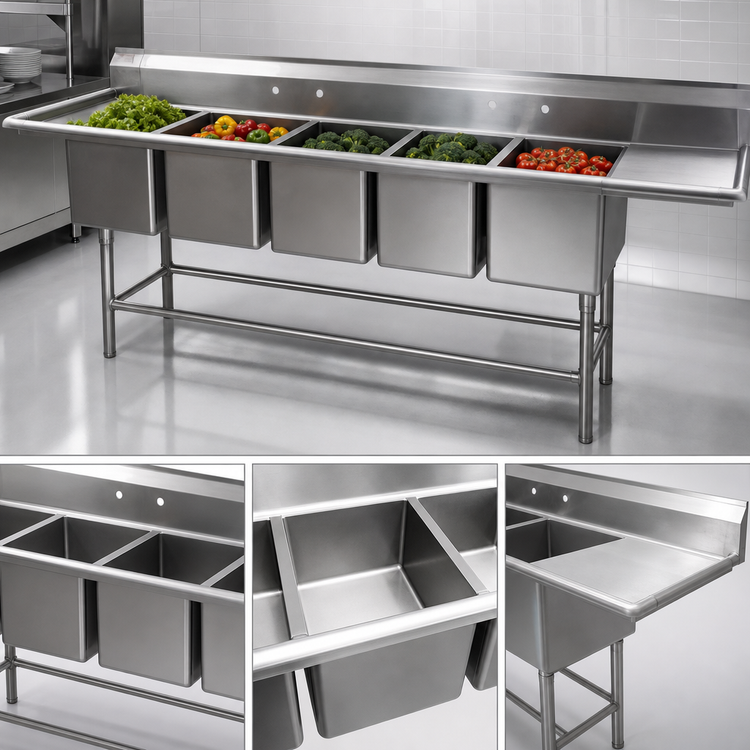 Product image #3 for Spec-Master FN Series 14-Gauge 4-Compartment Stainless Steel Sink with 30-Inch Right-Hand Drainboard