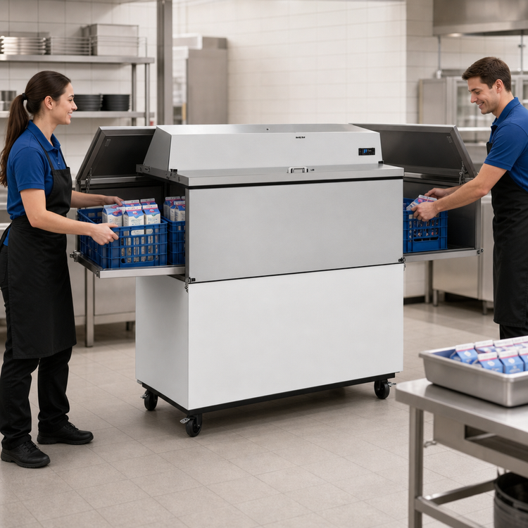Product image #3 for True Dual-Sided Mobile School Milk Cooler Cart, 16-Crate Capacity, White/Stainless Steel