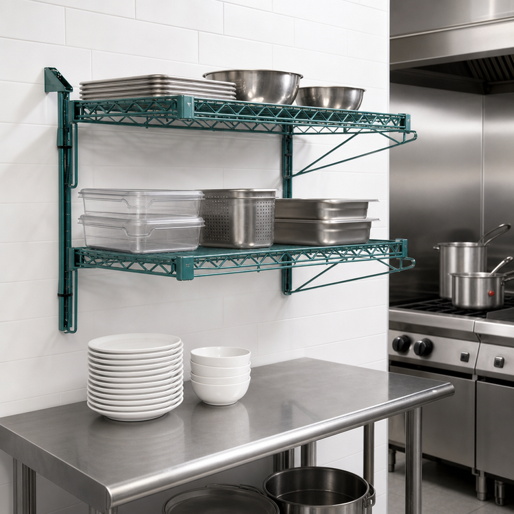 Product image #3 for Quantum Wall-Mount Cantilever Double Wire Shelving Unit, 42 x 24 Inches, Green Epoxy Antimicrobial Finish