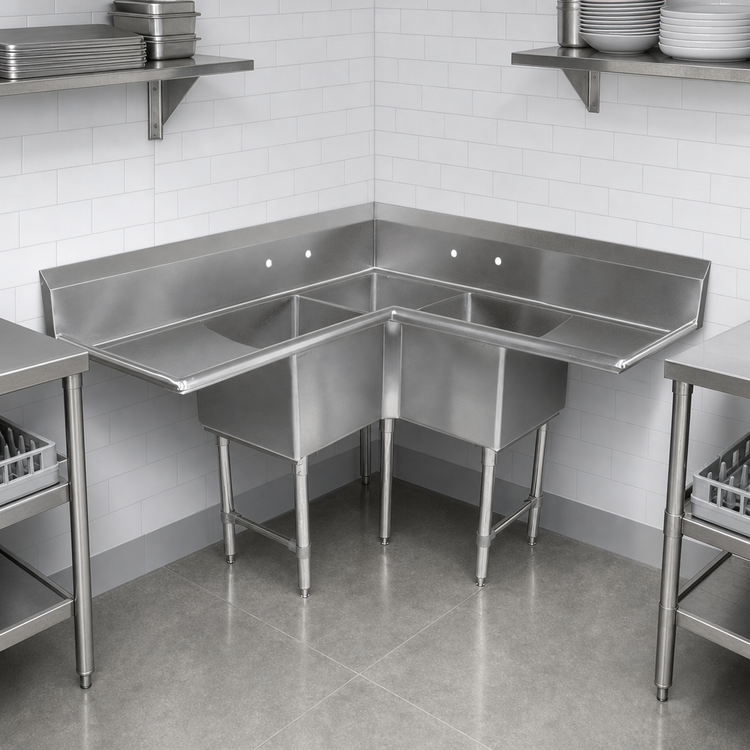 Product image #3 for John Boos Pro-Bowl 3-Compartment Corner Sink with Dual 30-Inch Drainboards, 16-Gauge Stainless Steel