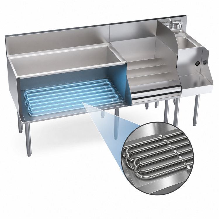 Product image #4 for Krowne Royal Series Underbar Ice Bin/Cocktail Station with 10-Circuit Cold Plate, Blender Station and Raised Liquor Display, 66 Inch W x 24 Inch D, 110 lb Ice Capacity