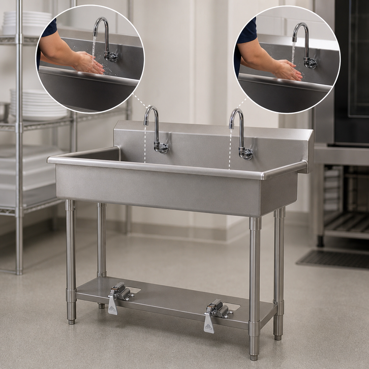 Product image #2 for Advance Tabco FS-FM-48FV 2-Station Freestanding Stainless Steel Multi-Wash Hand Sink with Toe-Push Valves and Gooseneck Spouts, 48 Inch Wide