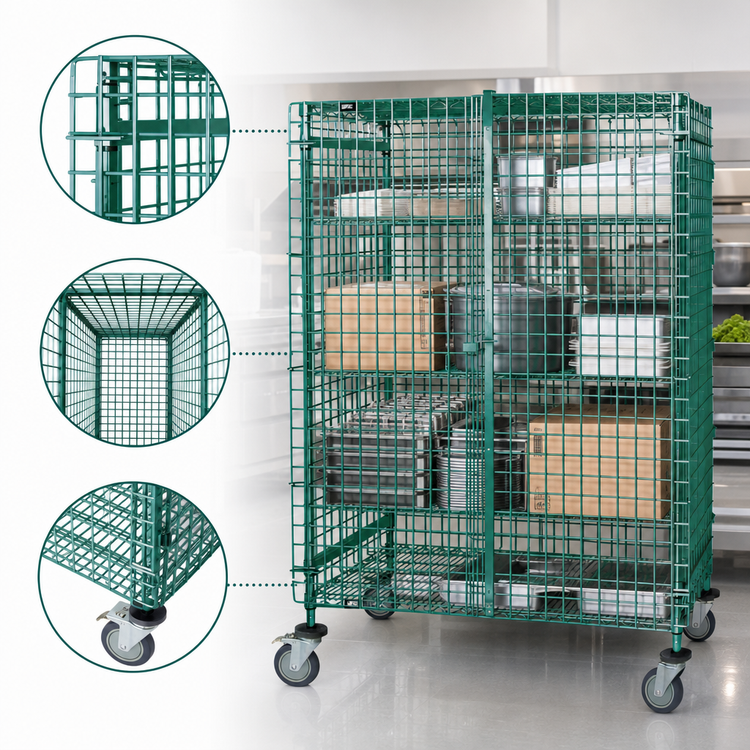 Product image #3 for Quantum Mobile Wire Security Cage with Locking Panel Doors and Security Panel Set, Green Epoxy Antimicrobial Finish, 48 x 18 x 69 Inches