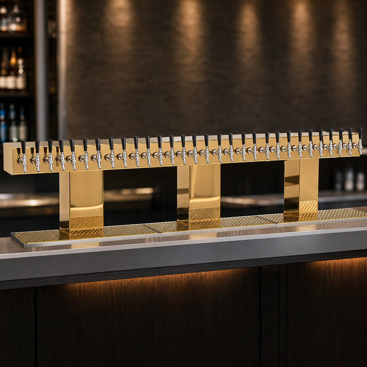 Product image #3 for Glastender Triple-Column Countertop Bridge Draft Dispensing Tower, 30 Faucets, Glycol-Cooled, Polished Brass Finish