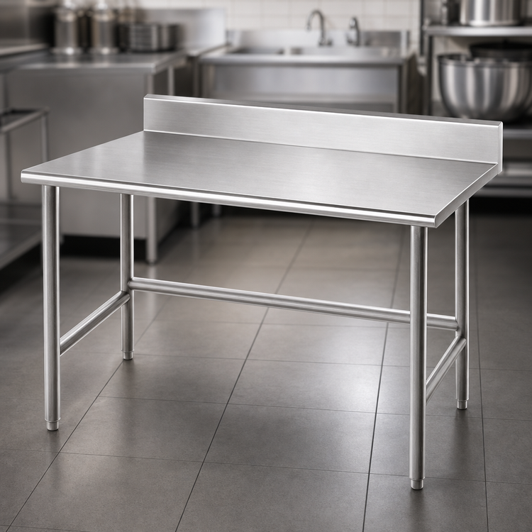 Product image #3 for Advance Tabco 84-Inch x 24-Inch Open Base Work Table with 14-Gauge 304 Stainless Steel Top and 5-Inch Backsplash