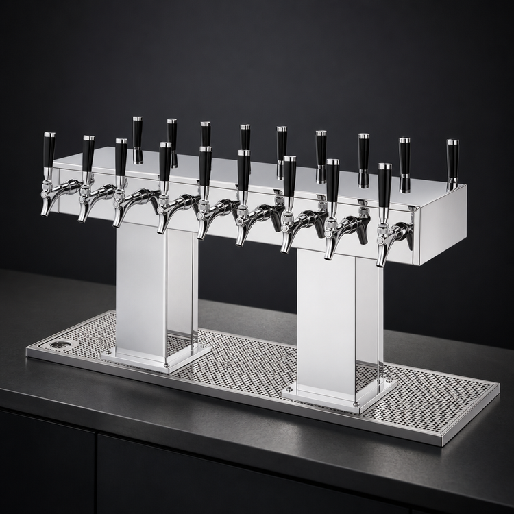 Product image #3 for Perlick Extra High Back-to-Back Bridge Tee Countertop Glycol-Cooled Draft Beer Tower, 32 Faucets, Polished Chrome