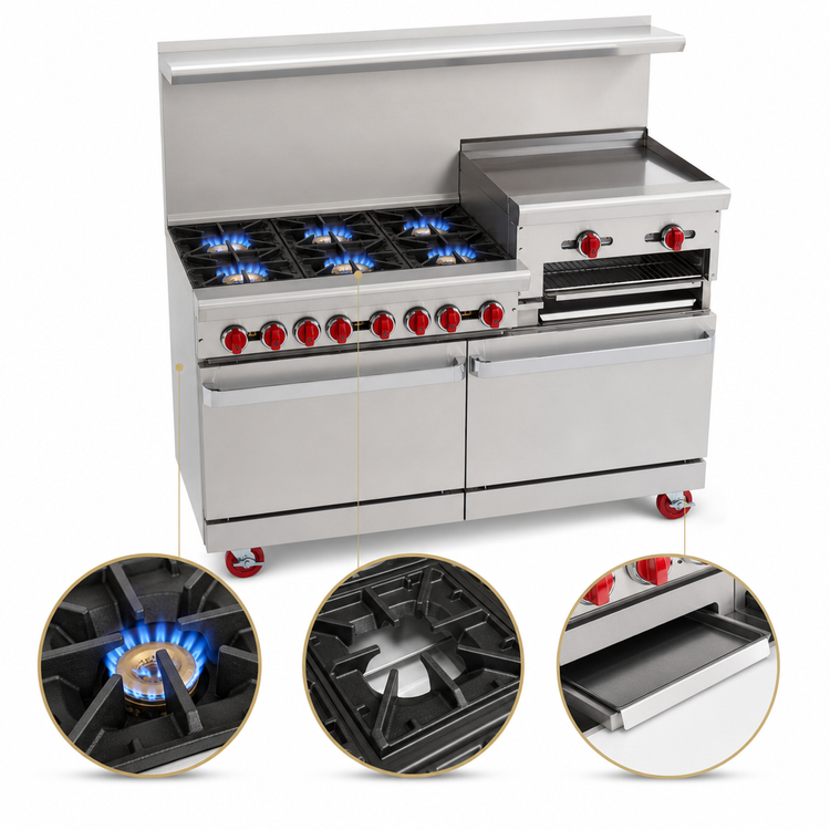 Product image #3 for American Range 60-Inch Gas Restaurant Range with 6 Open Burners, 24-Inch Raised Griddle/Broiler, and 2 Standard Ovens