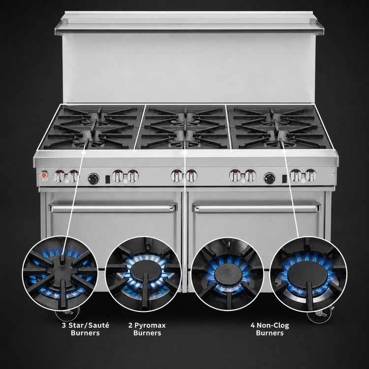 Product image #3 for Southbend Ultimate 60-Inch Gas Restaurant Range with 9 Open Burners, 1 Standard Oven, Cabinet Base, and Hi-Shelf Backriser