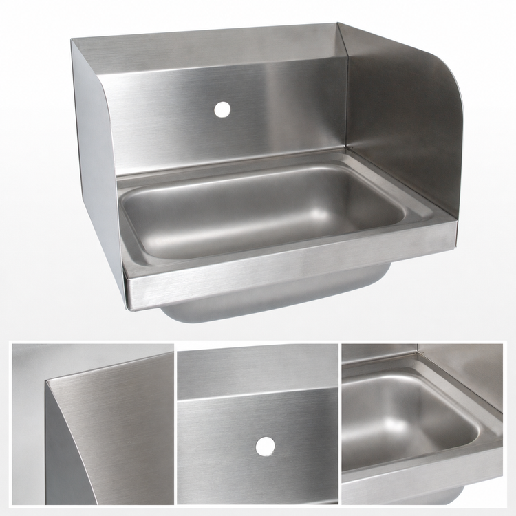 Product image #3 for BK Resources BKHS-W-1410-1-SS Wall-Mount Hand Sink — 14" x 10" x 5" Bowl, 1-Hole Splash, Dual Side Splashes, 304 Stainless Steel