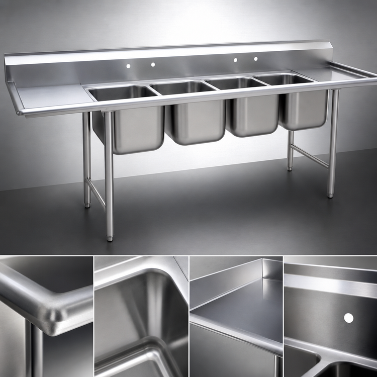 Product image #3 for Eagle Group 314 Series Four-Compartment Stainless Steel Sink with Dual 18-Inch Drainboards