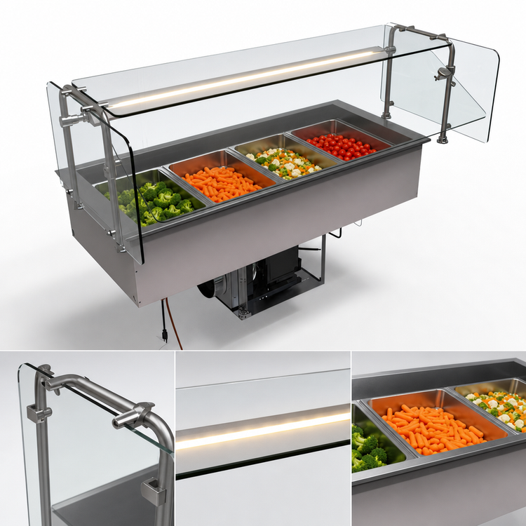Product image #3 for Hatco CWBP-4 Bundle 4-Pan Self-Contained Refrigerated Drop-In Cold Well with Sneeze Guard and Light