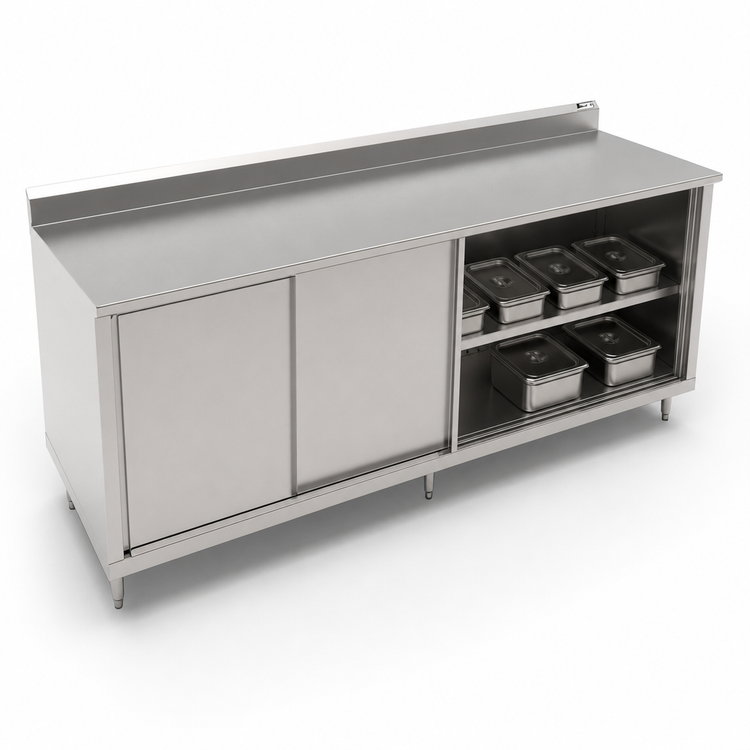 Product image #3 for John Boos 120 Inch x 30 Inch Enclosed Work Table with Sliding Doors, 16-Gauge 300-Series Stainless Steel Top, 5-Inch Backsplash
