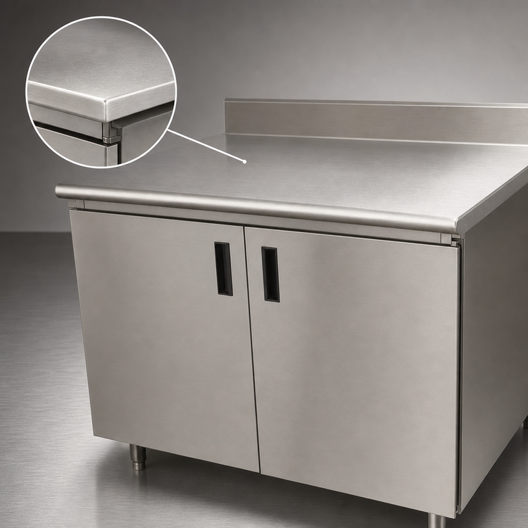 Product image #3 for Advance Tabco 108-Inch Enclosed Stainless Steel Work Table with Cabinet Base, Hinged Doors, and 5-Inch Backsplash