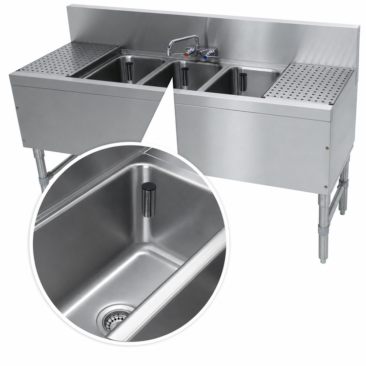 Product image #3 for Advance Tabco Prestige 3-Compartment Stainless Steel Underbar Sink Unit with Dual Drainboards and Splash Mount Faucet, 60-Inch