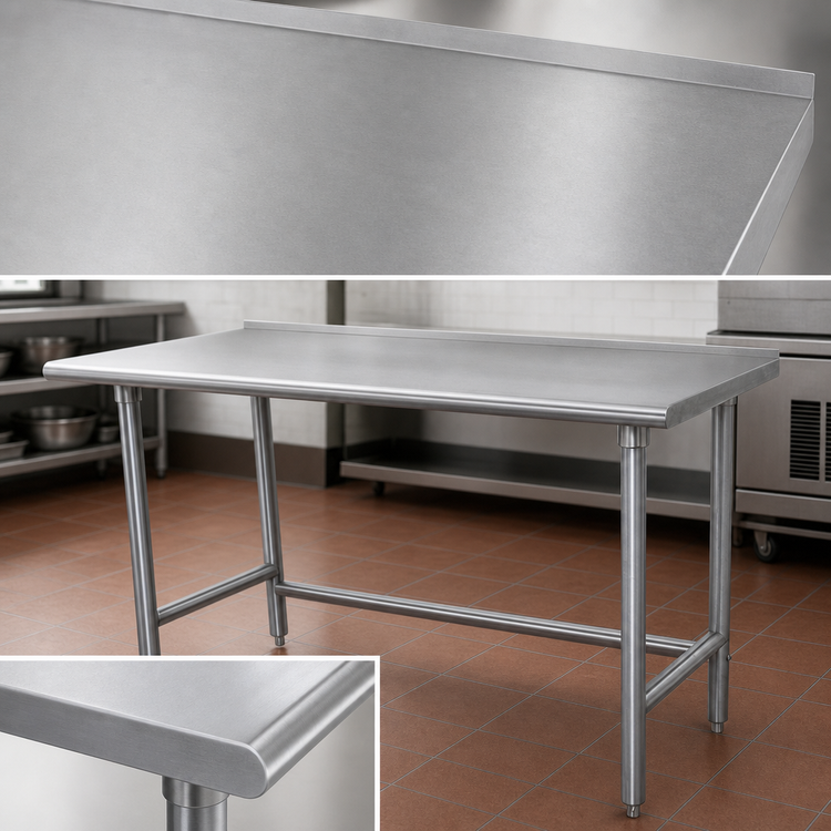 Product image #3 for Advance Tabco 84-Inch x 24-Inch 16-Gauge 430 Stainless Steel Work Table with 1-1/2-Inch Rear Up-Turn and Galvanized Open Base