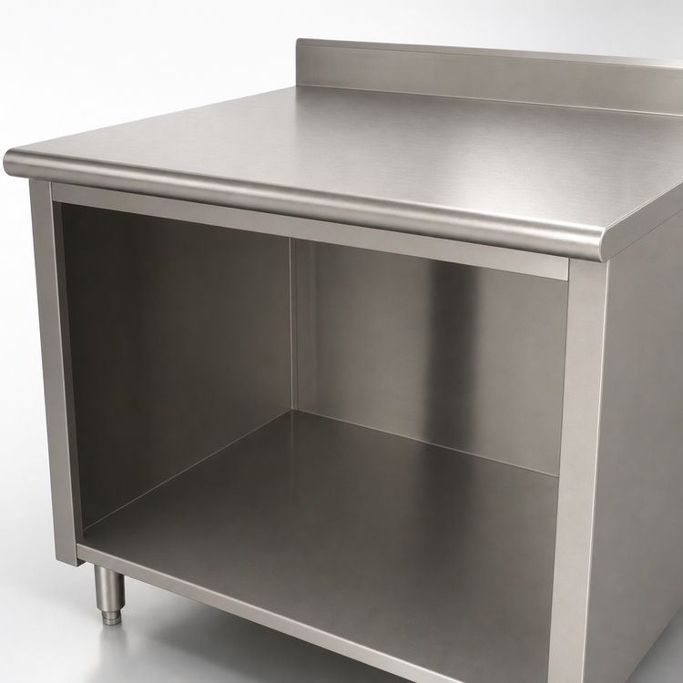 Product image #3 for Advance Tabco 144-Inch x 36-Inch Open Front Cabinet Base Work Table with 5-Inch Backsplash and 14-Gauge 304 Stainless Steel Top