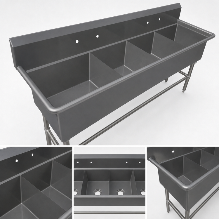 Product image #3 for John Boos Pro-Bowl 4-Compartment Stainless Steel Floor Model Sink, 69-1/8 Inch W x 25-1/2 Inch D