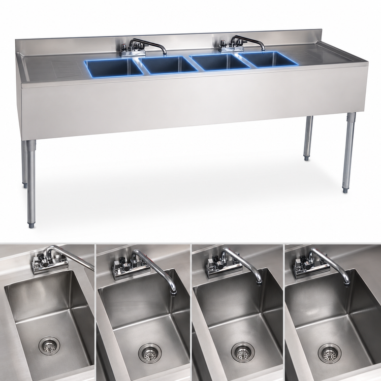 Product image #3 for BK Resources 72-Inch 4-Compartment Underbar Sink with Left and Right Drainboards and Faucets