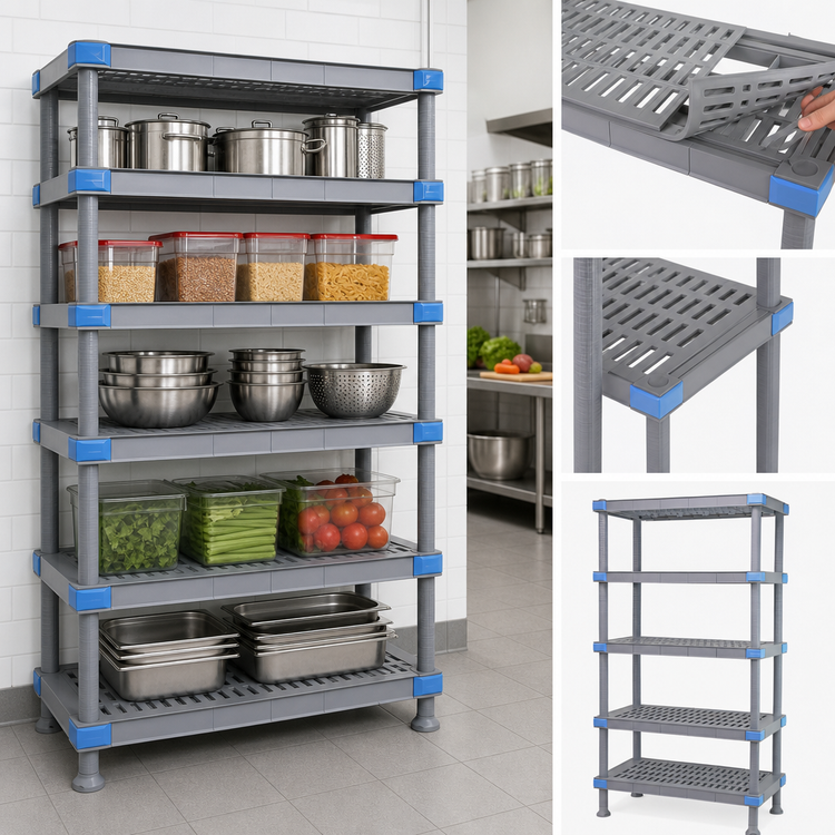 Product image #3 for Quantum Millenia 60"W x 18"D x 62"H Polymer Shelving Unit with 5 Open Grid Shelves and Dunnage Stand