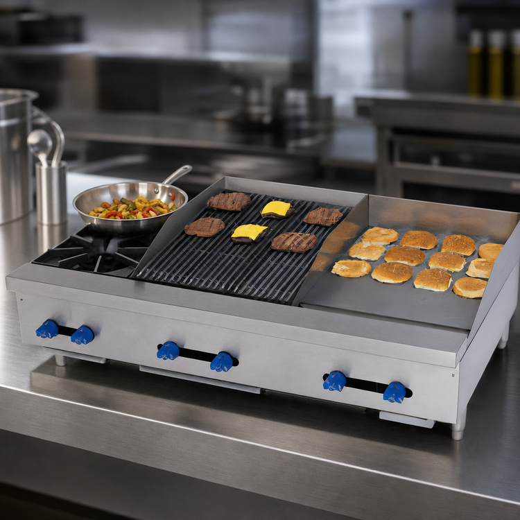 Product image #3 for Comstock-Castle 48-Inch Countertop Gas Hotplate, Griddle and Radiant Char-Broiler Combination with 2 Open Burners