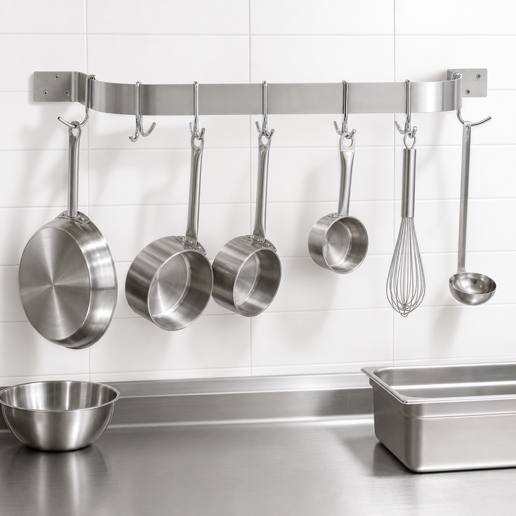Product image #3 for Advance Tabco Special Value 36-Inch Wall-Mounted Single Bar Stainless Steel Pot Rack with 6 Plated Double Hooks