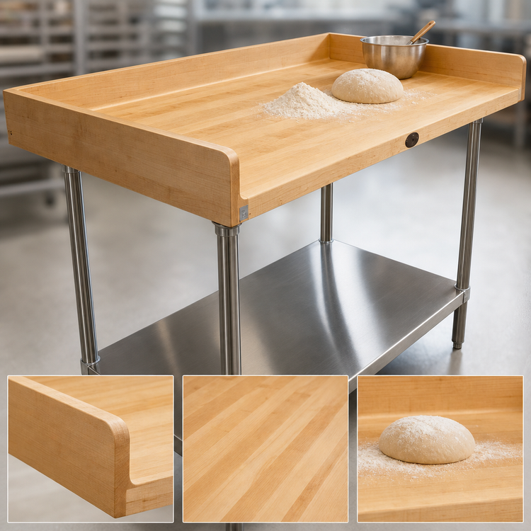 Product image #3 for Advance Tabco 96-Inch x 30-Inch Bakers' Table with 1-3/4-Inch Wood Top and Stainless Steel Open Base
